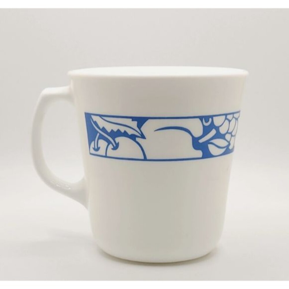 Vintage Corning Corelle Harvest Time Blue Fruit Milk Glass Coffee Mug Cup